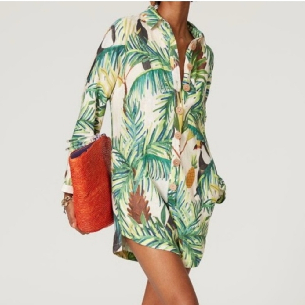 Farm Rio Tropical Print Button-Up Shirt Paradise Romper